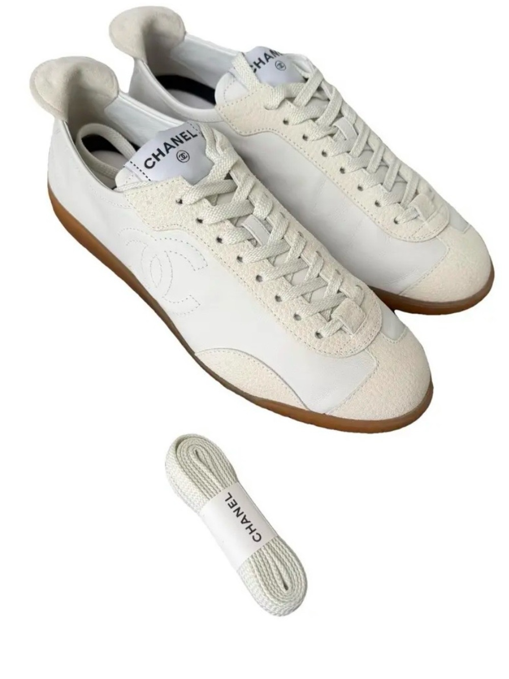 CHANEL Women’s White Leather & Suede Sneakers with Gum Sole